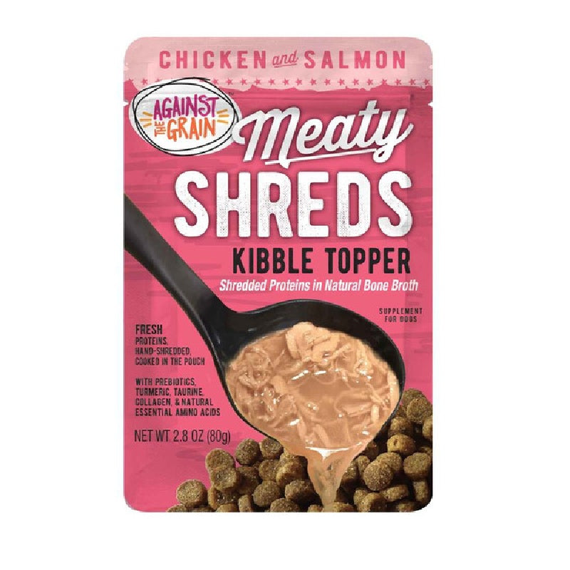 Against The Grain Meaty Shreds Bone Broth Kibble Topper Chicken & Salmon 2.8 oz.