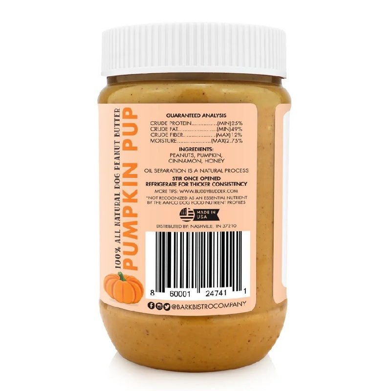 Bark Bistro Buddy Budder Pumpkin Pup - 100% Natural Dog Peanut Butter, Made in USA 17oz