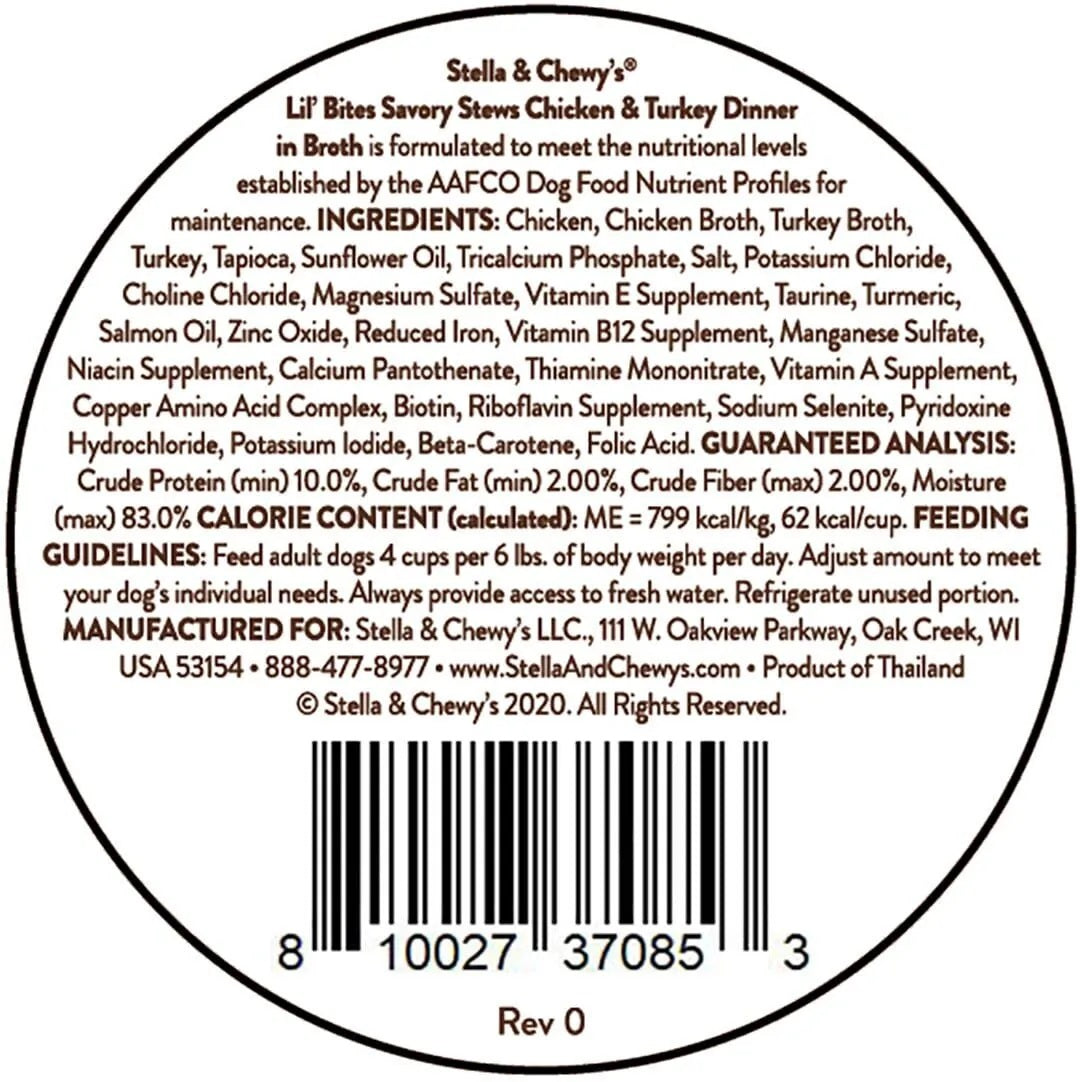 Stella & Chewy's Lil Bites Savory Stews Grain-Free Chicken & Turkey Dinner in Broth Shredded Small Breed Dog Food 2.7 oz