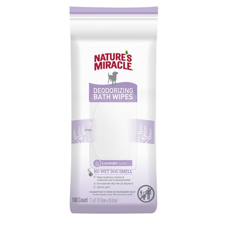 Nature's Miracle Deodorizing Bath Wipes for Dogs Lavender, 100 Count
