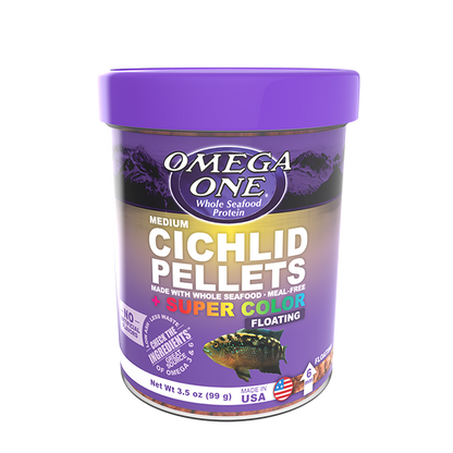 Omega One Super Color Cichlid Pellets Medium Floating Fish Food 6.5 oz
