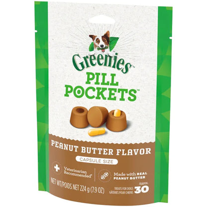 Greenies Pill Pockets Canine Real Peanut Butter Flavor Dog Treats Capsule Size, 30 Count