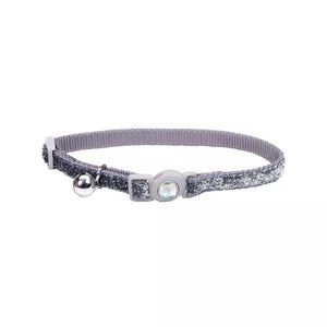 Safe Cat Jeweled Buckle Adjustable Breakaway Cat Collar with Glitter Overlay, Silver