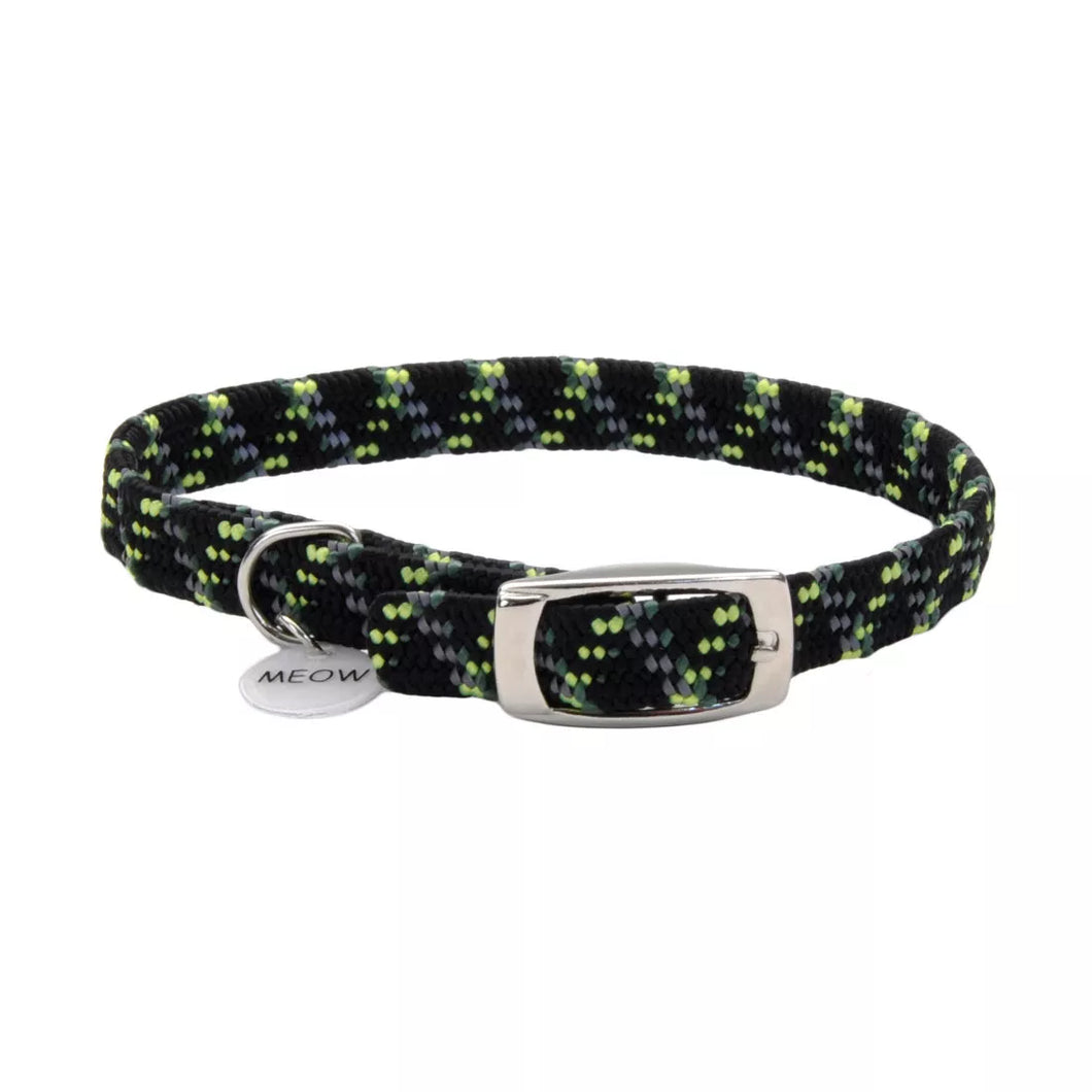 ElastaCat Reflective Safety Stretch Collar with Reflective Charm, Black with Green