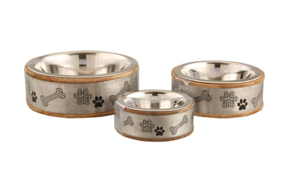 Advance Pet Products Wood and Metal Sleeve Bowl with Paw Print- Silver: Pint 5"x 5"x 2"
