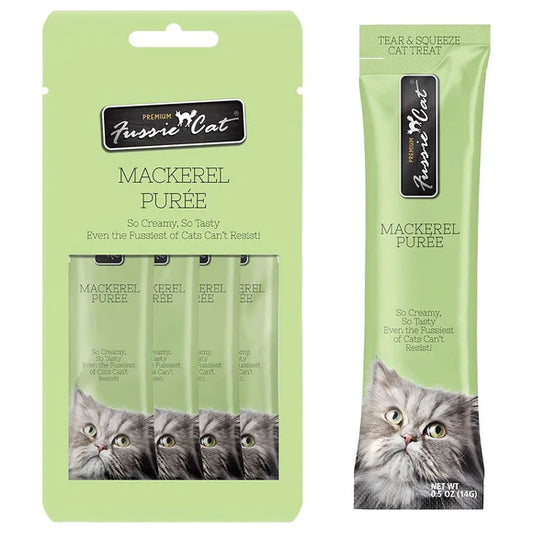 Fussie Cat Mackerel Puree Lickable Cat Treats, .5-oz. x 4-Tubes