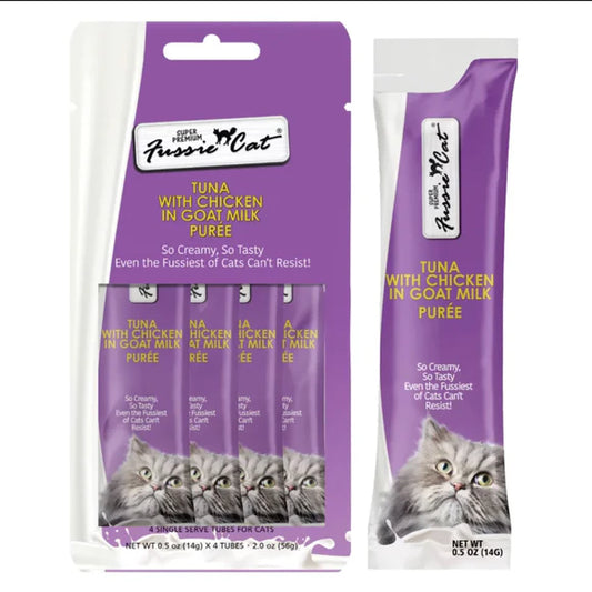 Fussie Cat Premium Tuna with Chicken in Goat Milk Puree Lickable Cat Treats, .5-oz x 4-Tubes
