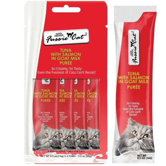 Fussie Cat Premium Tuna with Salmon in Goat Milk Puree Lickable Cat Treats, .5-oz x 4-Tubes