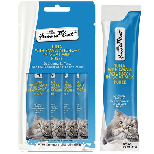 Fussie Cat Premium Tuna with Small Anchovies in Goat Milk Puree Lickable Cat Treats, .5-oz x 4-Tubes