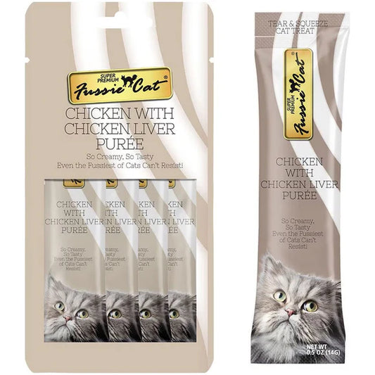 Fussie Cat Chicken & Liver Puree Lickable Cat Treats, .5-oz x 4-Tubes