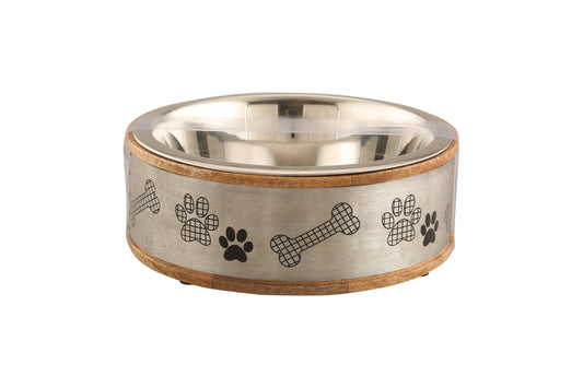 Advance Pet Products Wood and Metal Sleeve Bowl with Paw Print- Silver: Pint 5"x 5"x 2"