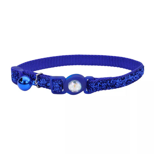 Safe Cat Jeweled Buckle Adjustable Breakaway Cat Collar with Glitter Overlay, Blue