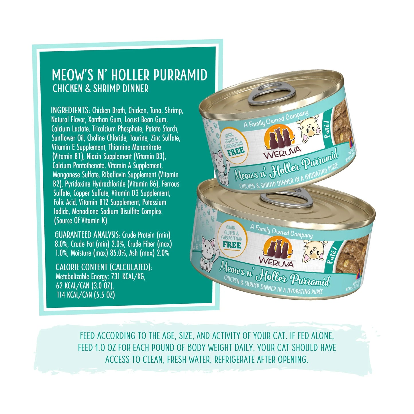 Weruva Pate Meows n' Holler Purramid Chicken & Shrimp dinner in a Hydrating Puree