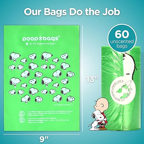 The Original Poop Bags Peanuts USDA Biobased Dog Poop Bags, 60 count, Unscented
