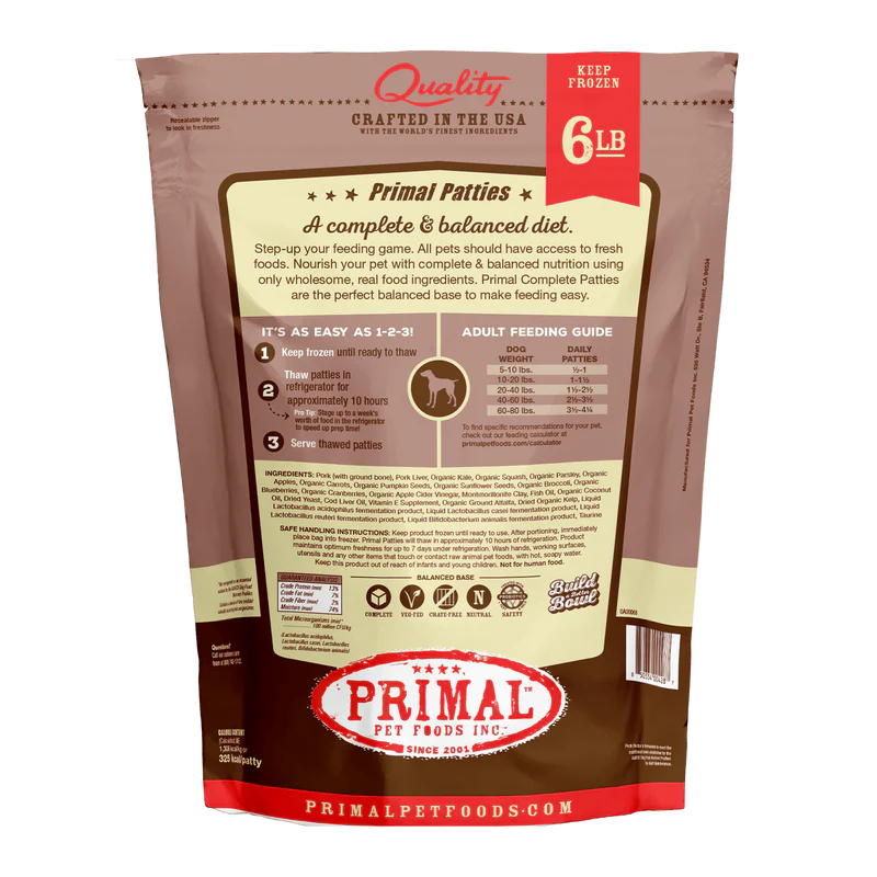 Primal Dog Raw Frozen Pork Patties 6 LB