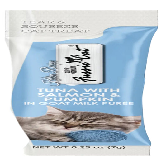 Fussie Cat Tuna with Salmon & Pumpkin in Goat Milk Puree Lickable Kitten Cat Treats, .25 oz x 4 tubes