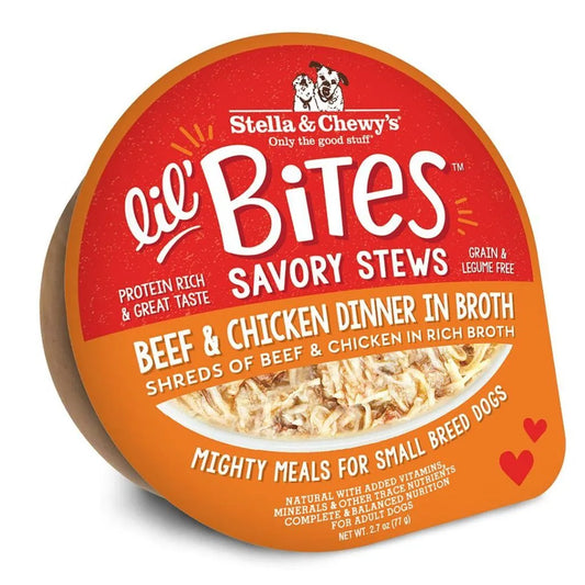 Stella & Chewy's Lil Bites Savory Stews Grain-Free Beef & Chicken Dinner in Broth Shredded Small Breed Dog Food 2.7 oz