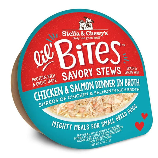 Stella & Chewy's Lil Bites Savory Stews Grain-Free Chicken & Salmon Dinner in Broth Shredded Small Breed Dog Food 2.7 oz