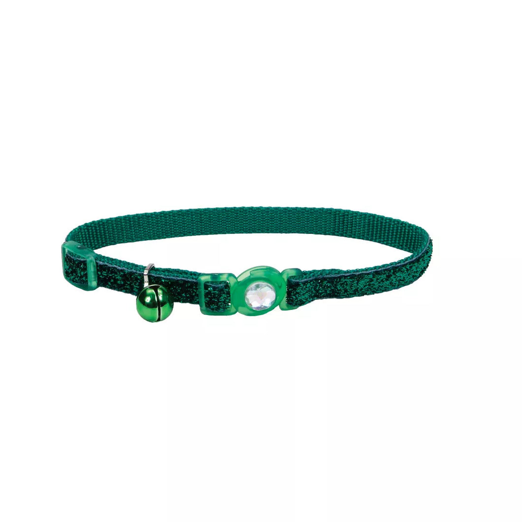 Safe Cat Jeweled Buckle Adjustable Breakaway Cat Collar with Glitter Overlay, Green