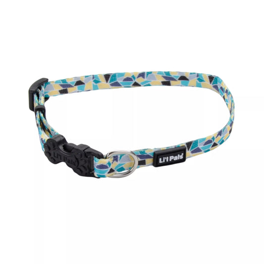 Li'l Pals Adjustable Patterned Dog Collar, Teal Yellow Grey Stained Glass