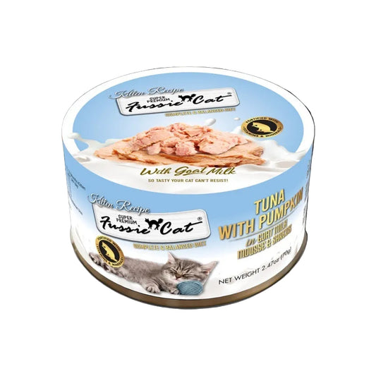 Fussie Cat Super Premium Tuna with Pumpkin In Goat Milk Mousse & Shreds Kitten Recipe