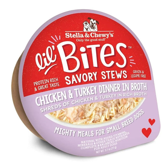 Stella & Chewy's Lil Bites Savory Stews Grain-Free Chicken & Turkey Dinner in Broth Shredded Small Breed Dog Food 2.7 oz