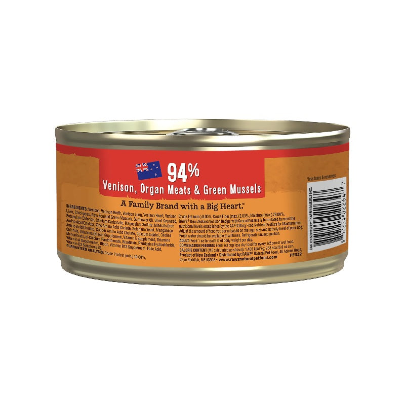 Rawz 94% Venison Recipe with Green Mussels Pate Canned Dog Food 6oz